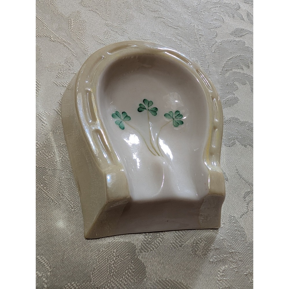 Vintage Belleek Ireland Cream Shamrock Horseshoe Pipe Rest Trinket Ashtray Dish